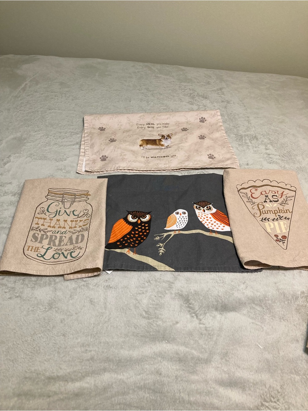 Kitchen Linens Set - Owl & Autumn Designs in Beige, Black, Orange Bundle Of 4